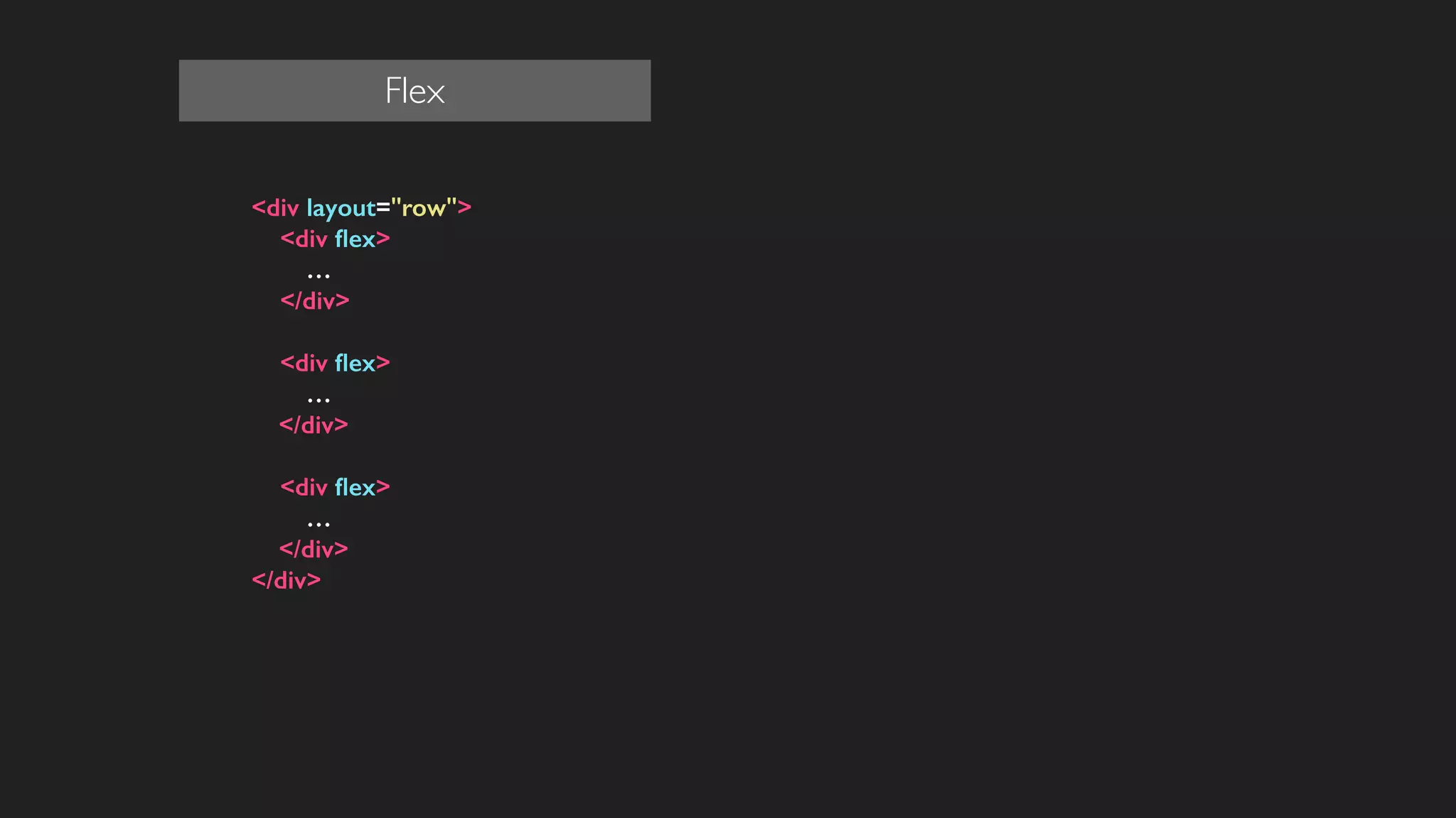 <div layout="row">
<div ﬂex>
…
</div>
!
<div ﬂex>
…
</div>
!
<div ﬂex>
…
</div>
</div>
!
!
!
!
!
Flex
 