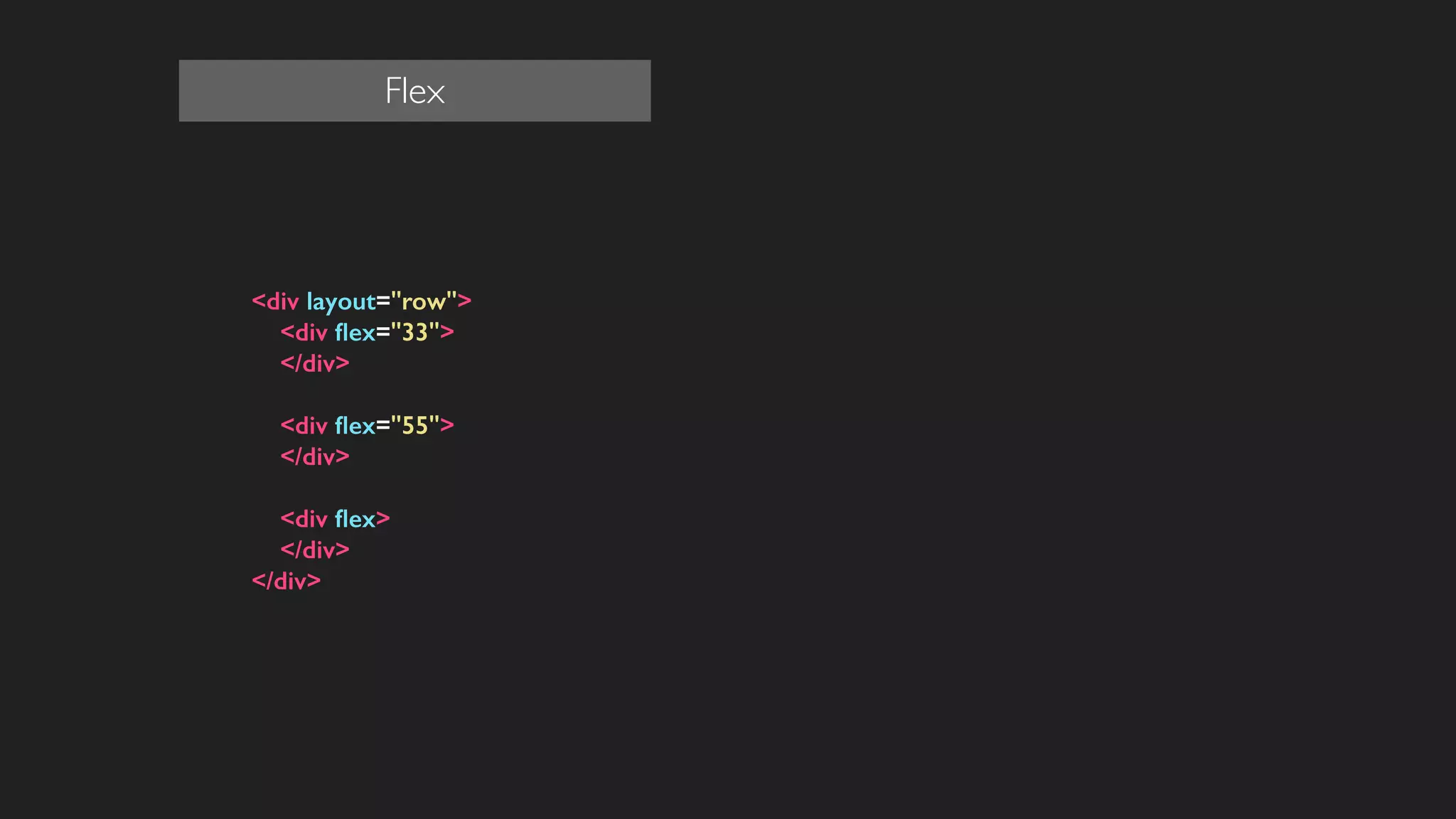 !
<div layout="row">
<div ﬂex="33">
</div>
!
<div ﬂex="55">
</div>
!
<div ﬂex>
</div>
</div>
!
!
!
!
!
Flex
 