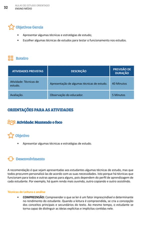 32
AULAS DE ESTUDO ORIENTADO
ENSINO MÉDIO
•	 Apresentar algumas técnicas e estratégias de estudo;
•	 Escolher algumas técnicas de estudos para testar o funcionamento nos estudos.
ATIVIDADES PREVISTAS DESCRIÇÃO
PREVISÃO DE
DURAÇÃO
Atividade: Técnicas de
estudo.
Apresentação de algumas técnicas de estudo. 40 Minutos
Avaliação. Observação do educador. 5 Minutos
ORIENTAÇÕES PARA AS ATIVIDADES
•	 Apresentar algumas técnicas e estratégias de estudo.
A recomendação é que sejam apresentadas aos estudantes algumas técnicas de estudo, mas que
todos procurem personalizá-las de acordo com as suas necessidades. Isto porque há técnicas que
funcionam para todos e outras apenas para alguns, pois dependem do perfil de aprendizagem de
cada estudante. Por exemplo, há quem renda mais ouvindo, outro copiando e outro assistindo.
Técnicas de Leitura e análise
•	 COMPREENSÃO: Compreender o que se ler é um fator imprescindível e determinante
no rendimento do estudante. Quando a leitura é compreendida, se cria a concepção
dos conceitos principais e secundários do texto. Ao mesmo tempo, o estudante se
torna capaz de distinguir as ideias explícitas e implícitas contidas nele.
Objetivos Gerais
Roteiro
Atividade: Mantendo o foco
Objetivo
Desenvolvimento
 