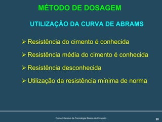 20Curso Intensivo de Tecnologia Básica do Concreto
UTILIZAÇÃO DA CURVA DE ABRAMS
! Resistência do cimento é conhecida
! Resistência média do cimento é conhecida
! Resistência desconhecida
! Utilização da resistência mínima de norma
MÉTODO DE DOSAGEM
 