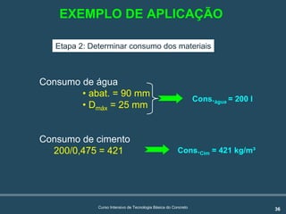 36Curso Intensivo de Tecnologia Básica do Concreto
Etapa 2: Determinar consumo dos materiais
Consumo de água
• abat. = 90 mm
• Dmáx = 25 mm
Consumo de cimento
200/0,475 = 421
Cons.água = 200 l
Cons.Cim = 421 kg/m³
EXEMPLO DE APLICAÇÃO
 