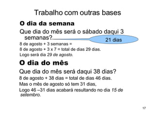 Trabalho com outras bases O dia do mês   Que dia do mês será daqui 38 dias? 8 de agosto + 38 dias = total de dias 46 dias. Mas o mês de agosto só tem 31 dias,  Logo 46 –31 dias acabará resultando no dia  15 de setembro. O dia da semana   Que dia do mês será o sábado daqui 3 semanas? 8 de agosto + 3 semanas =  8 de agosto + 3 x 7 = total de dias 29 dias. Logo será dia  29 de agosto. 21 dias 