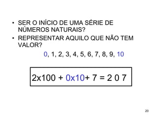 SER O INÍCIO DE UMA SÉRIE DE NÚMEROS NATURAIS? REPRESENTAR AQUILO QUE NÃO TEM VALOR? 0 , 1, 2, 3, 4, 5, 6, 7, 8, 9,  10 2x100 +  0x10 + 7 = 2 0 7   