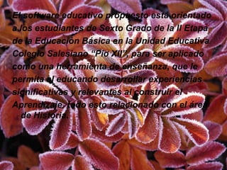 El software educativo propuesto está orientado a los estudiantes de Sexto Grado de la II Etapa de la Educación Básica en la Unidad Educativa Colegio Salesiano “Pio XII”, para ser aplicado como una herramienta de enseñanza, que le permita al educando desarrollar experiencias significativas y relevantes al construir el Aprendizaje, todo esto relacionado con el área de Historia. 