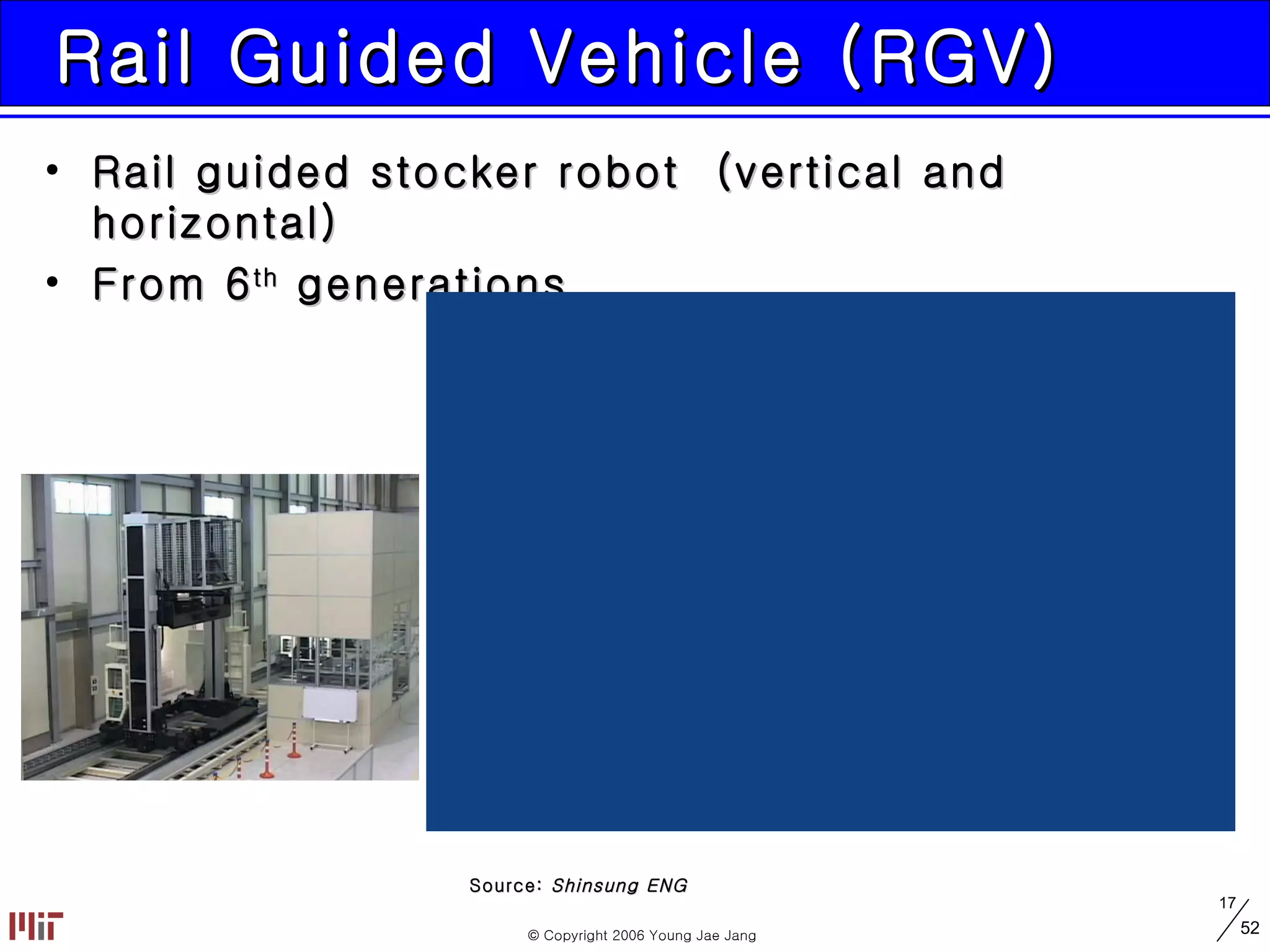 Rail Guided Vehicle (RGV)  Rail guided stocker robot  (vertical and horizontal) From 6 th  generations Source:  Shinsung ENG 