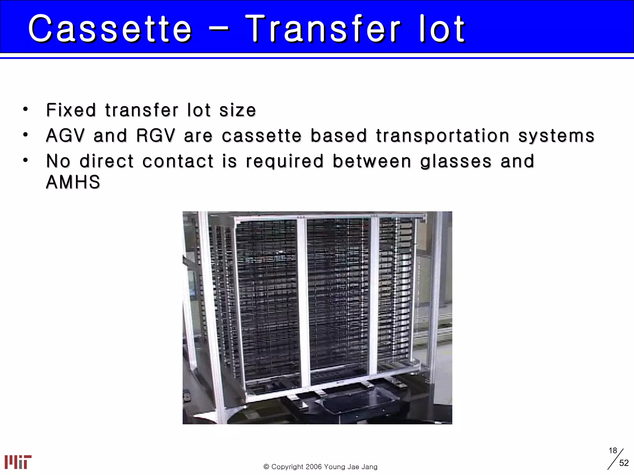Cassette – Transfer lot Fixed transfer lot size AGV and RGV are cassette based transportation systems No direct contact is required between glasses and AMHS 