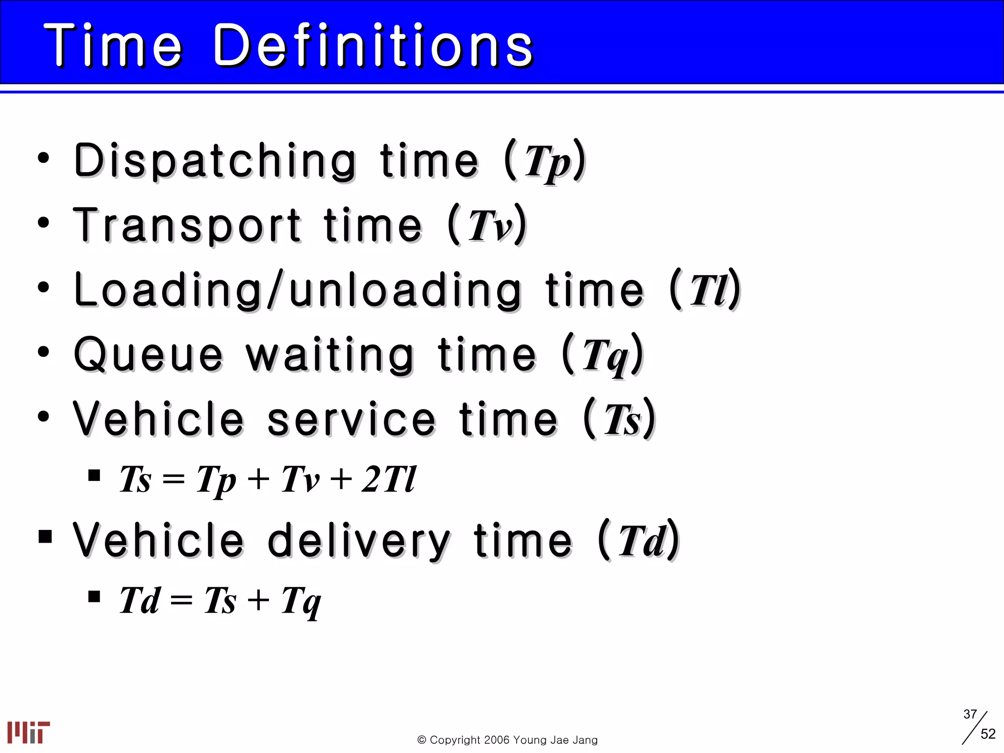 Time Definitions Dispatching time ( Tp ) Transport time ( Tv ) Loading/unloading time ( Tl ) Queue waiting time ( Tq ) Vehicle service time ( Ts ) Ts = Tp + Tv + 2Tl Vehicle delivery time ( Td ) Td = Ts + Tq 