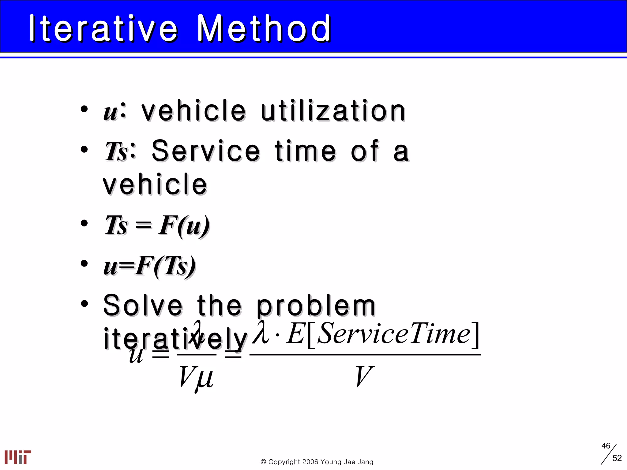 Iterative Method  u : vehicle utilization Ts : Service time of a vehicle Ts = F(u) u=F(Ts) Solve the problem iteratively 