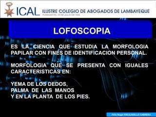 LOFOSCOPIA
ES LA CIENCIA QUE ESTUDIA LA MORFOLOGIA
PAPILAR CON FINES DE IDENTIFICACION PERSONAL.

MORFOLOGIA QUE SE PRESENTA CON IGUALES
CARACTERISTICAS EN:

YEMA DE LOS DEDOS,
PALMA DE LAS MANOS
Y EN LA PLANTA DE LOS PIES.


                                 Félix Roger ESCAJADILLO CABRERA
                                   Félix R. ESCAJADILLO CABRERA
 