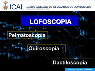 LOFOSCOPIA

Pelmatoscopía

       Quiroscopía

                Dactiloscopía
                     Félix Roger ESCAJADILLO CABRERA
 
