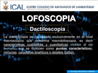 LOFOSCOPIA
                 Dactiloscopía
La dactiloscopia se ha basado exclusivamente en el nivel
macroscópico que denomina macrolofoscopia, es decir
características cualitativas y cuantitativas visibles al ojo
humano, que se conocen como puntos característicos,
minucias, caracteres analíticos o detalles Galton.




                                            Félix Roger ESCAJADILLO CABRERA
                                              Félix R. ESCAJADILLO CABRERA
 
