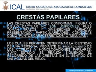 CRESTAS PAPILARES
LAS CRESTAS PAPILARES CONFORMAN FIGURA O
DIBUJO DACTILAR NO SON UNIFORMES, PUES
TOMAN TRAZOS Y DIMENSIONES VARIADAS,
PRESENTANDO PARTICULARIDADES CONOCIDAS
COMO "PUNTOS CARACTERÍSTICOS" O "MINUCIAS",

LOS CUALES PERMITEN DETERMINAR LA IDENTIDAD
DE UNA PERSONA, MEDIANTE EL PROCEDIMIENTO DE
LOS COTEJOS Y HOMOLOGACIONES PAPILARES,
CUYO ESTUDIO SE REALIZA SIGUIENDO EL
RECORRIDO DE LAS CRESTAS EN EL SENTIDO DE
LAS AGUJAS DEL RELOJ.


                                Félix Roger ESCAJADILLO CABRERA
 