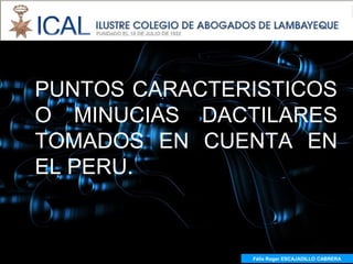 PUNTOS CARACTERISTICOS
O MINUCIAS DACTILARES
TOMADOS EN CUENTA EN
EL PERU.



               Félix Roger ESCAJADILLO CABRERA
 