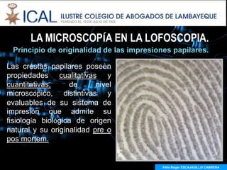 LA MICROSCOPÍA EN LA LOFOSCOPIA.
 Principio de originalidad de las impresiones papilares.

Las crestas papilares poseen
propiedades cualitativas y
cuantitativas,     de      nivel
microscópico, distintivas y
evaluables de su sistema de
impresión que admite su
fisiología biológica de origen
natural y su originalidad pre o
pos mortem.


                                           Félix Roger ESCAJADILLO CABRERA
 