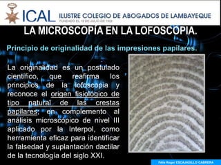 LA MICROSCOPÍA EN LA LOFOSCOPIA.
Principio de originalidad de las impresiones papilares.

La originalidad es un postulado
científico, que reafirma los
principios de la lofoscopia y
reconoce el origen fisiológico de
tipo natural de las crestas
papilares; en complemento al
análisis microscópico de nivel III
aplicado por la Interpol, como
herramienta eficaz para identificar
la falsedad y suplantación dactilar
de la tecnología del siglo XXI.
                                           Félix Roger ESCAJADILLO CABRERA
 