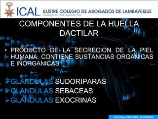 COMPONENTES DE LA HUELLA
          DACTILAR

• PRODUCTO DE LA SECRECION DE LA PIEL
  HUMANA, CONTIENE SUSTANCIAS ORGANICAS
  E INORGANICAS

GLANDULAS SUDORIPARAS
GLANDULAS SEBACEAS
GLANDULAS EXOCRINAS

                            Félix Roger ESCAJADILLO CABRERA
 
