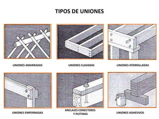 TIPOS DE UNIONES




UNIONES AMARRADAS         UNIONES CLAVADAS    UNIONES ATORNILLADAS




                        ANCLAJES CONECTORES
UNIONES EMPERNADAS           Y PLETINAS       UNIONES ADHESIVOS
 