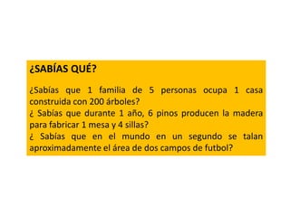 ¿SABÍAS QUÉ?
¿Sabías que 1 familia de 5 personas ocupa 1 casa
construida con 200 árboles?
¿ Sabías que durante 1 año, 6 pinos producen la madera
para fabricar 1 mesa y 4 sillas?
¿ Sabías que en el mundo en un segundo se talan
aproximadamente el área de dos campos de futbol?
 