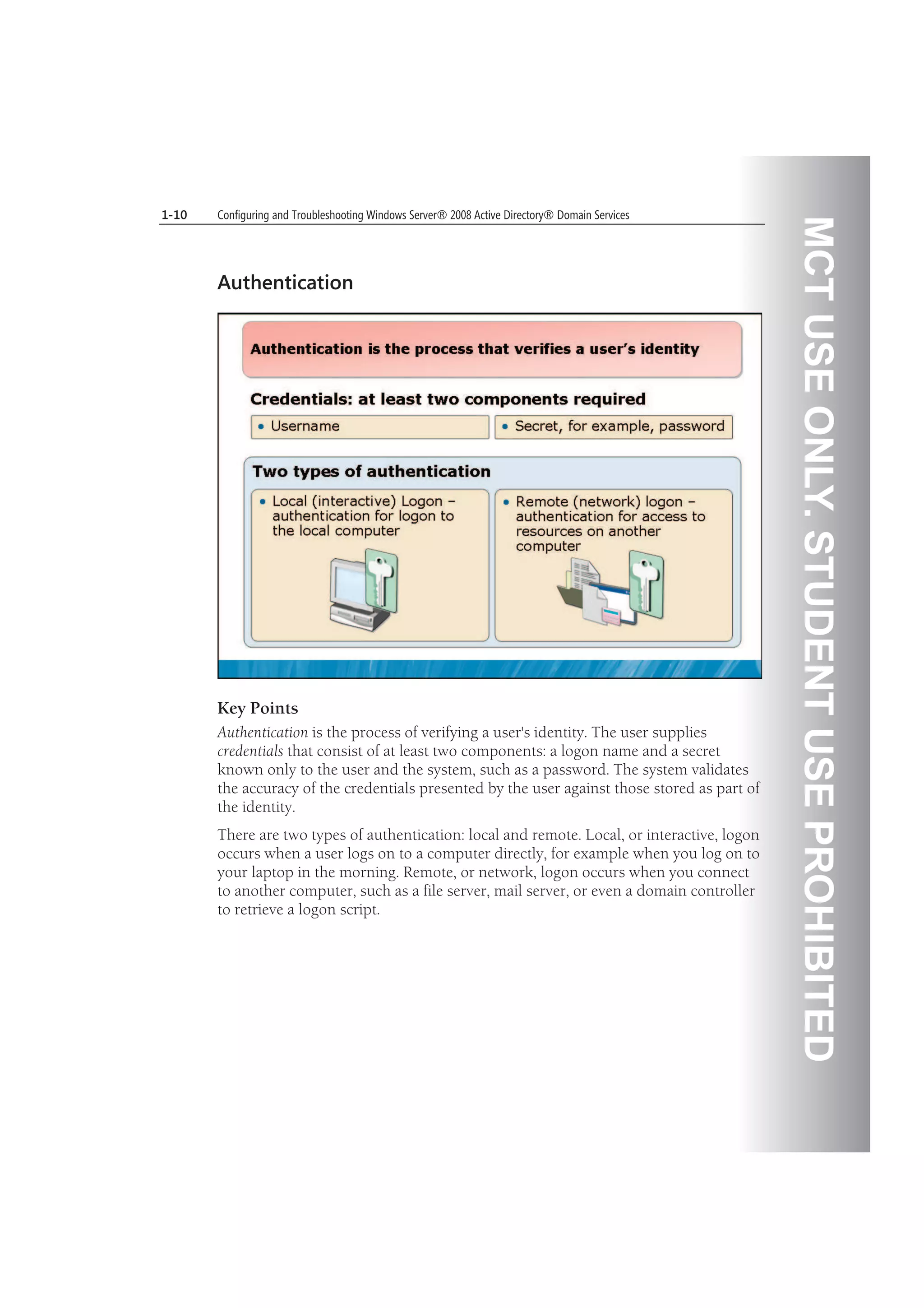 MCTUSEONLY.STUDENTUSEPROHIBITED
1-10 Configuring and Troubleshooting Windows Server® 2008 Active Directory® Domain Services
Authentication
Key Points
Authentication is the process of verifying a user's identity. The user supplies
credentials that consist of at least two components: a logon name and a secret
known only to the user and the system, such as a password. The system validates
the accuracy of the credentials presented by the user against those stored as part of
the identity.
There are two types of authentication: local and remote. Local, or interactive, logon
occurs when a user logs on to a computer directly, for example when you log on to
your laptop in the morning. Remote, or network, logon occurs when you connect
to another computer, such as a file server, mail server, or even a domain controller
to retrieve a logon script.
 