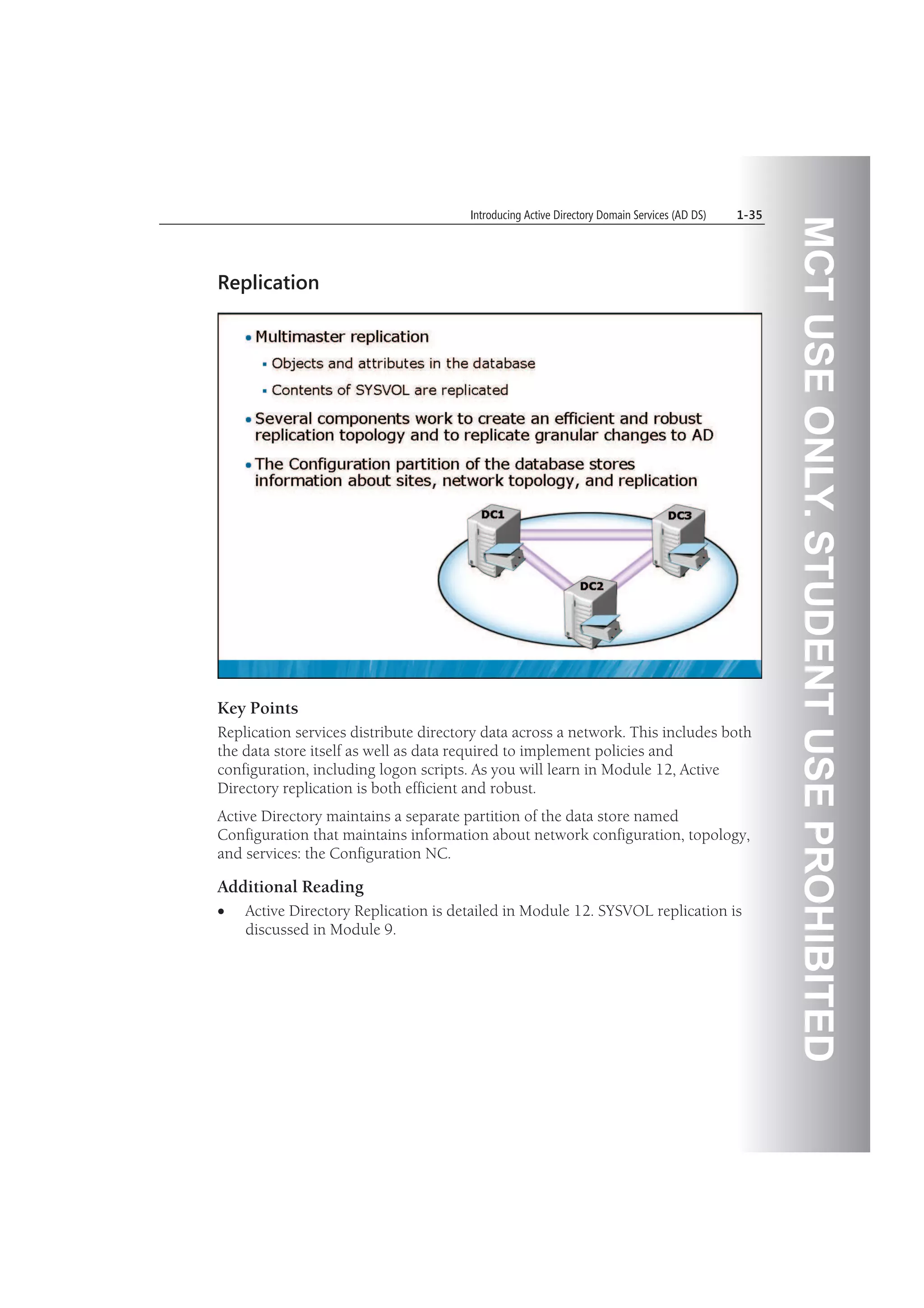 MCTUSEONLY.STUDENTUSEPROHIBITED
Introducing Active Directory Domain Services (AD DS) 1-35
Replication
Key Points
Replication services distribute directory data across a network. This includes both
the data store itself as well as data required to implement policies and
configuration, including logon scripts. As you will learn in Module 12, Active
Directory replication is both efficient and robust.
Active Directory maintains a separate partition of the data store named
Configuration that maintains information about network configuration, topology,
and services: the Configuration NC.
Additional Reading
Active Directory Replication is detailed in Module 12. SYSVOL replication is
discussed in Module 9.
 
