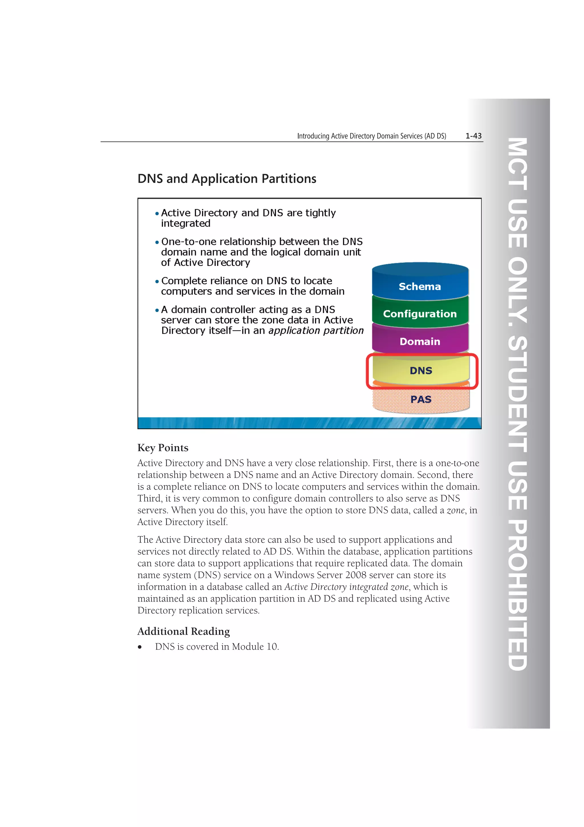 MCTUSEONLY.STUDENTUSEPROHIBITED
Introducing Active Directory Domain Services (AD DS) 1-43
DNS and Application Partitions
Key Points
Active Directory and DNS have a very close relationship. First, there is a one-to-one
relationship between a DNS name and an Active Directory domain. Second, there
is a complete reliance on DNS to locate computers and services within the domain.
Third, it is very common to configure domain controllers to also serve as DNS
servers. When you do this, you have the option to store DNS data, called a zone, in
Active Directory itself.
The Active Directory data store can also be used to support applications and
services not directly related to AD DS. Within the database, application partitions
can store data to support applications that require replicated data. The domain
name system (DNS) service on a Windows Server 2008 server can store its
information in a database called an Active Directory integrated zone, which is
maintained as an application partition in AD DS and replicated using Active
Directory replication services.
Additional Reading
DNS is covered in Module 10.
 