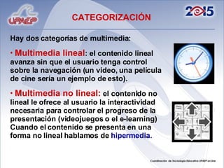 Hay dos categorías de multimedia: Multimedia lineal : el contenido lineal avanza sin que el usuario tenga control sobre la navegación (un video, una película de cine sería un ejemplo de esto).  Multimedia no lineal:   el contenido no lineal le ofrece al usuario la interactividad necesaria para controlar el progreso de la presentación (videojuegos o el e-learning)  Cuando el contenido se presenta en una forma no lineal hablamos de  hipermedia. CATEGORIZACIÓN 