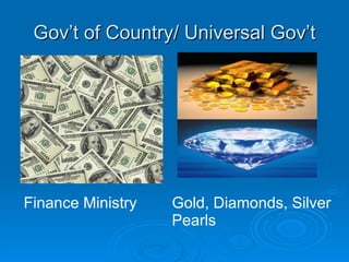 Gov’t of Country/ Universal Gov’t Finance Ministry Gold, Diamonds, Silver Pearls 