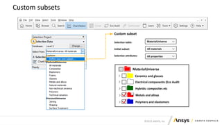 ©2022 ANSYS, Inc.
Custom subsets
Electrical components (Eco Audit
Ceramics and glasses
Hybrids: composites etc
Metals and alloys
Polymers and elastomers
MaterialUniverse
Custom subset
Selection table:
Initial subset:
Selection attributes:
MaterialUniverse
All materials
All properties
 