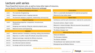 ©2022 ANSYS, Inc.
21
Lecture unit series
These PowerPoint lecture units, as well as many other types of resources,
can be found in the Ansys Education Resources webpage.
www.ansys.com/education-resources
Finding and Displaying Information
Unit 1 The materials of engineering
Unit 2 Material property charts: mapping materials
Unit 3 The Elements database: properties, relationships and resources
Material Properties
Unit 4 Manipulating properties: composition, microstructure,
architecture
Unit 5 Designing new materials: filling the materials-property space
Unit 6 Materials Science and Engineering
Selection
Unit 7 Material selection: translation, screening, ranking, documentation
Unit 8 Objectives in conflict: trade off methods and penalty functions
Unit 9 Material and shape: materials for efficient structures
Unit 10 Manufacturing processes and cost modeling
Unit 11 Eco-informed material selection
Unit 12 Eco design and the Eco Audit tool
Sustainability
What is a sustainable development? A materials perspective
Materials for low carbon power
Special Topics
Architecture and the built environment: materials for construction
Structural sections: shape in action
Materials in industrial design: Why do consumers buy products?
The Design database for Products
The Battery Designer tool
Advanced Teaching and Research
Advanced databases
The Aerospace database
The Polymer database
The Synthesizer tool: hybrids and other models
Bioengineering and Medical Devices
 