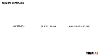 TÉCNICAS DE ANÁLISIS
3 CEREBROS GESTICULACIÓN ANALISIS DE DISCURSO
 