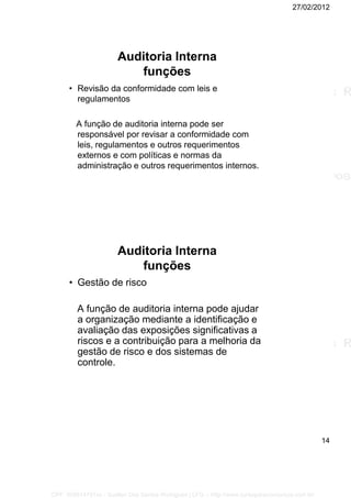 27/02/2012
14
Auditoria Interna
funções
• Revisão da conformidade com leis e
regulamentos
A função de auditoria interna pode ser
responsável por revisar a conformidade com
leis, regulamentos e outros requerimentos
externos e com políticas e normas da
administração e outros requerimentos internos.
Auditoria Interna
funções
• Gestão de risco
A função de auditoria interna pode ajudar
a organização mediante a identificação e
avaliação das exposições significativas a
riscos e a contribuição para a melhoria da
gestão de risco e dos sistemas de
controle.
CPF: 008814791xx - Suellen Dos Santos Rodrigues | LFG -- http://www.cursoparaconcursos.com.br/
 