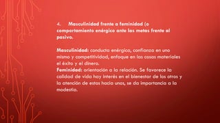 4. Masculinidad frente a feminidad (o
comportamiento enérgico ante las metas frente al
pasivo.
Masculinidad: conducta enérgica, confianza en uno
mismo y competitividad, enfoque en las cosas materiales
el éxito y el dinero.
Feminidad: orientación a la relación. Se favorece la
calidad de vida hay interés en el bienestar de los otros y
la atención de estos hacia unos, se da importancia a la
modestia.
 