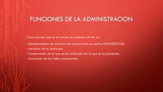 FUNCIONES DE LA ADMINISTRACION
Como proceso que es el control, lo podemos dividir en:
- Establecimiento de patrones de comparación en puntos ESTRATÉGICOS.
- Medición de lo realizado.
- Comparación de lo que se ha realizado con lo que se ha planeado.
- Corrección de las fallas encontradas.
 