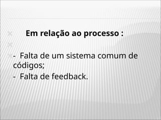 🞭 Em relação ao processo :
🞭
🞭- Falta de um sistema comum de
códigos;
🞭- Falta de feedback.
🞭
 
