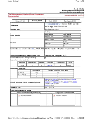 Asset Register                                                                                                                       Page 1 of 1



                                                                                                                             Govt. of India
                                                                                                           Ministry of Rural Development
                                                                                                        Department of Rural Development
The Mahatma Gandhi National Rural Employment
                                                                                                                    Sunday, December 09, 2012
Guarantee Act


           State : म य     दे श             District : REWA                       Block : JAWA                   Panchayat : JAWA

                                                                        (1713001069/RC/06)  ेवल रोड िनमाण जवा गढ
    Work Name
                                                                        माण से महहा टोला ब ती तक जवा  
                                                                                 ू
    Nature of Work                                                      Rural Connectivity
                                                                        On Going

                                                                            Start Status                        End Status
    Scope of Work
                                                                            Earthern road                       Sand Moram

                                                                            Start Location                      End Location
                                                                                                                JAWA
    Location
                                                                            Khata No.                           Plot No.
                                                                            /                                   /

    Sanction No. and Sanction Date      : 96 , 24/10/2009               Whether Included in Five Year Perspective Plan               : Yes

                                                                         
    Whether Work Approved in Annual Plan              : Yes             Estimated Cost (In Lakhs)             : 4.99
    Estimated Completion Time (in Months)                               3 
    Expenditure Incurred (in Rs.)

                    Unskilled      Semi-Skilled             Skilled             Material          Contingency            Total

                    217706                  0                  0                 244534                 0              462240     
    Employment Generated

                                                Pesrondays                       Total No. of Persons Given Work
                Unskilled                            1890                                         370
                Semi-Skilled                          0                                             0
                                                      0                                             0

                                                                        58220(6370),109766(20566),109767(21840),109768
                                                                        (10738),213808(18300),
    Distinct Number of Muster Rolls used(Amount)                        213809(23424),220718(18788),220719(24288),220720
                                                                        (30624),221475(21384),
                                                                        221476(21384),        
    Work start date                                                     25/12/2009 
    Photo Uploaded of Work
          Before Start of Work(Work Site)                                                   During Execution of Works
                      Photo Not Available                                                        Photo Not Available




http://164.100.112.66/netnrega/writereaddata/citizen_out/WA_1713001_1713001069_RC...                                                  12/9/2012
 