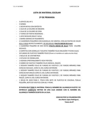 C.E.I.P. ALFARES CURSO 2017/18
LISTA DE MATERIAL ESCOLAR
2º DE PRIMARIA
- 3 LÁPICES DEL Nº 2
- 3 GOMAS
- 1 SACAPUNTAS CON DEPÓSITO
- 1 CAJA DE 12 COLORES DE MADERA
- 1 CAJA DE 12 COLORES DE CERA
- 1 TIJERAS DE PUNTAS REDONDAS
- 1 LÁPIZ BICOLOR (ROJO Y AZUL)
- 1 BARRA GRANDE DE PEGAMENTO
- 2 CUADERNOS PEQUEÑOS CON GUSANILLO, NO GRAPAS, CON LAS PASTAS DE COLOR
AZUL Y ROJO RESPECTIVAMENTE, DE DOS RAYAS (PAUTA ANCHA DE 4 mm).
- 1 CUADERNO PEQUEÑO DE DOS RAYAS (PAUTA ANCHA DE 4mm) PARA VALORES
SOCIALES.
- 2 CARPETAS CON GOMILLAS Y SOLAPAS TAMAÑO FOLIO (RELIGIÓN Y FICHAS AULA)
- 10 FUNDAS DE PLÁSTICO TAMAÑO FOLIO (Poner el nombre en cada una de ellas)
- 1 REGLA DE 30 CENTIMETROS
- 1 ESTUCHE DE CREMALLERA
- 1 AGENDA (PREFERIBLEMENTE HOJA POR DÍA)
- 2 SOBRES DE PLÁSTICO TAMAÑO FOLIO (MÚSICA, INGLÉS)
- 1 DOSSIER TAMAÑO FOLIO DE FUNDAS DE PLÁSTICO ( 30 FUNDAS MÍNIMO) PARA
CIENCIAS SOCIALES. (SIRVE EL DEL CURSO ANTERIOR)
- 1 DOSSIER TAMAÑO FOLIO DE FUNDAS DE PLÁSTICO ( 30 FUNDAS MÍNIMO) PARA
CIENCIAS NATURALES (SIRVE EL DEL CURSO ANTERIOR)
- 1 DOSSIER TAMAÑO FOLIO DE FUNDAS DE PLÁSTICO ( 30 FUNDAS MÍNIMO) PARA
INGLÉS. (SIRVE EL DEL CURSO ANTERIOR)
- 1 BOLSA DE ASEO PARA E. FÍSICA CON: BOTE DE PLÁSTICO DE COLONIA, TOALLA
PEQUEÑA, BOTE DE PLÁSTICO CON GEL Y PEINE.
SE RUEGAQUE TODO EL MATERIAL TENGA EL NOMBRE DEL ALUMNO/A PUESTO Y SE
ENTREGUE COMPLETO METIDO EN UNA CAJA GRANDE CON EL NOMBRE DEL
ALUMNO/A TAMBIÉN ESCRITO EN LA CAJA.
GRACIASPOR SUCOLABORACIÓN
Ana María López Rodríguez.
Tutora de 2º