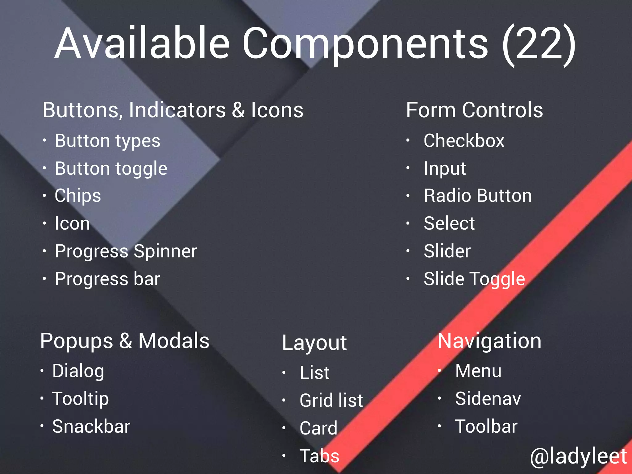 Available Components (22)
Layout
• List
• Grid list
• Card
• Tabs
Popups & Modals
• Dialog
• Tooltip
• Snackbar
Form Controls
• Checkbox
• Input
• Radio Button
• Select
• Slider
• Slide Toggle
Navigation
• Menu
• Sidenav
• Toolbar
Buttons, Indicators & Icons
• Button types
• Button toggle
• Chips
• Icon
• Progress Spinner
• Progress bar
@ladyleet
 