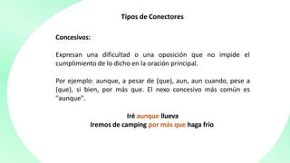 Tipos de Conectores
Concesivos:
no impide el
Expresan una dificultad o una oposición que
cumplimiento de lo dicho en la oración principal.
Por ejemplo: aunque, a pesar de (que), aun, aun cuando, pese a
(que), si bien, por más que. El nexo concesivo más común es
"aunque".
Iré aunque llueva
Iremos de camping por más que haga frío
 