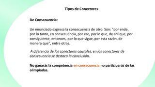 Tipos de Conectores
De Consecuencia:
Un enunciado expresa la consecuencia de otro. Son: "por ende,
por lo tanto, en consecuencia, por eso, por lo que, de ahí que, por
consiguiente, entonces, por lo que sigue, por esta razón, de
manera que", entre otras.
A diferencia de los conectores causales, en los conectores de
consecuencia se destaca la conclusión.
No ganarás la competencia en consecuencia no participarás de las
olimpiadas.
 
