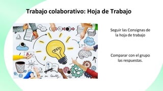 Trabajo colaborativo: Hoja de Trabajo
Seguir las Consignas de
la hoja de trabajo
Comparar con el grupo
las respuestas.
 
