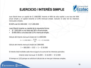 EJERCICIO / INTERÉS SIMPLE
Juan David tiene un capital de $ 2.000.000. Invierte el 60% de este capital a una tasa del 36%
anual simple y el capital restante al 2.0% mensual simple. Calcular el valor de los intereses
mensuales simples.
El 60% de $ 2.000.000 = $ 1.200.000
Juan David invierte su capital de la siguiente forma:
• $ 1.200.000 a una tasa del 36% anual simple.
• $ 800.000 a una tasa del 2.0% mensual simple.
Cálculo del interés mensual simple de $ 1.2000.000.
Cálculo del interés mensual simple de $ 800.000.
El interés total recibido cada mes es igual a la suma de los intereses parciales:
El tiempo es 1/12 porque se solicita el cálculo de un mes por intereses simples.
18
 