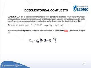 47
CONCEPTO.- Es la operación financiera que tiene por objeto el cambio de un capital futuro por
otro equivalente con vencimiento presente también opera con base en el interés compuesto; se lo
identifica por cuanto hay capitalizaciones hasta la fecha de vencimiento. Se simboliza con Dc.
DESCUENTO REAL COMPUESTO
Realizando el reemplazo de fórmulas se obtiene que el Descuento Real Compuesto es igual
a:
 