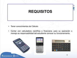 REQUISITOS
5
• Tener conocimientos de Cálculo.
• Contar con calculadora científica o financiera; para su operación o
manejo es responsabilidad del estudiante conocer su funcionamiento.
 