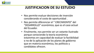 JUSTIFICACION DE SU ESTUDIO
• Nos permite evaluar decisiones de inversión
considerando el costo de oportunidad .
• Nos permite diferenciar el “ CRECIMIENTO” del
“DESARROLLO” económico, que es el caso actual
del Ecuador.
• Finalmente, nos permite ser un votante ilustrado
porque conociendo la teoría económica
estaremos en capacidad de evaluar la factibilidad
o no de la aplicación de los planes de gobierno
que en materia económica, los políticos y
candidatos ofrecen.
 