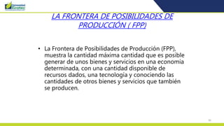 36
LA FRONTERA DE POSIBILIDADES DE
PRODUCCIÓN ( FPP)
• La Frontera de Posibilidades de Producción (FPP),
muestra la cantidad máxima cantidad que es posible
generar de unos bienes y servicios en una economía
determinada, con una cantidad disponible de
recursos dados, una tecnología y conociendo las
cantidades de otros bienes y servicios que también
se producen.
 