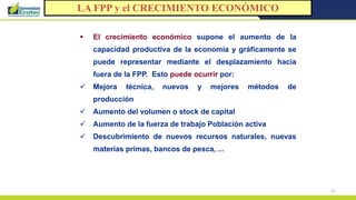 51
 El crecimiento económico supone el aumento de la
capacidad productiva de la economía y gráficamente se
puede representar mediante el desplazamiento hacia
fuera de la FPP. Esto puede ocurrir por:
 Mejora técnica, nuevos y mejores métodos de
producción
 Aumento del volumen o stock de capital
 Aumento de la fuerza de trabajo Población activa
 Descubrimiento de nuevos recursos naturales, nuevas
materias primas, bancos de pesca, ...
LA FPP y el CRECIMIENTO ECONÓMICO
 