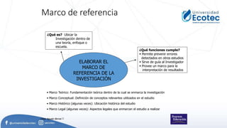 Marco de referencia
ELABORAR EL
MARCO DE
REFERENCIA DE LA
INVESTIGACIÓN
¿Qué es? Ubicar la
Investigación dentro de
una teoría, enfoque o
escuela.
¿Qué funciones cumple?
 Permite prevenir errores
detectados en otros estudios
 Sirve de guía al Investigador
 Provee un marco para la
interpretación de resultados
• Marco Teórico: Fundamentación teórica dentro de la cual se enmarca la investigación
• Marco Conceptual: Definición de conceptos relevantes utilizados en el estudio
• Marco Histórico (algunas veces): Ubicación histórica del estudio
• Marco Legal (algunas veces): Aspectos legales que enmarcan el estudio a realizar
César Agusto Bernal T.
 