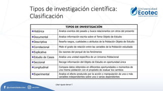 Tipos de investigación científica:
Clasificación
TIPOS DE INVESTIGACIÓN
Histórica Analiza eventos del pasado y busca relacionarlos con otros del presente
Documental Analiza información escrita sobre el Tema Objeto de Estudio
Descriptiva Reseña rasgos, cualidades o atributos de la Población Objeto de Estudio
Correlacional Mide el grado de relación entre las variables de la Población estudiada
Explicativa Da razones del porqué de los fenómenos
Estudio de Casos Analiza una unidad específica de un Universo Poblacional
Seccional Recoge información del Objeto de Estudio en oportunidad única
Longitudinal Compara datos obtenidos en diferentes oportunidades o momentos de
una misma población con el propósito de evaluar los cambios
Experimental Analiza el efecto producido por la acción o manipulación de una o más
variables independientes sobre una o varias dependientes
César Agusto Bernal T.
 