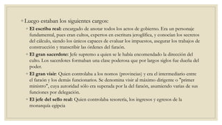 ◦ Luego estaban los siguientes cargos:
◦ El escriba real: encargado de anotar todos los actos de gobierno. Era un personaje
fundamental, pues eran cultos, expertos en escritura jeroglífica, y conocían los secretos
del cálculo, siendo los únicos capaces de evaluar los impuestos, asegurar los trabajos de
construcción y transcribir las órdenes del faraón.
◦ El gran sacerdote: Jefe supremo a quien se le había encomendado la dirección del
culto. Los sacerdotes formaban una clase poderosa que por largos siglos fue dueña del
poder.
◦ El gran visir: Quien controlaba a los nomos (provincias) y era el intermediario entre
el faraón y los demás funcionarios. Se denomina visir al máximo dirigente o "primer
ministro", cuya autoridad sólo era superada por la del faraón, asumiendo varias de sus
funciones por delegación.
◦ El jefe del sello real: Quien controlaba tesorería, los ingresos y egresos de la
monarquía egipcia
 
