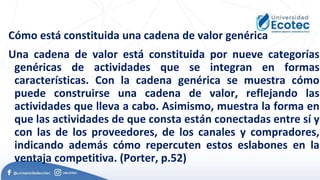 Cómo está constituida una cadena de valor genérica
Una cadena de valor está constituida por nueve categorías
genéricas de actividades que se integran en formas
características. Con la cadena genérica se muestra cómo
puede construirse una cadena de valor, reflejando las
actividades que lleva a cabo. Asimismo, muestra la forma en
que las actividades de que consta están conectadas entre sí y
con las de los proveedores, de los canales y compradores,
indicando además cómo repercuten estos eslabones en la
ventaja competitiva. (Porter, p.52)
 
